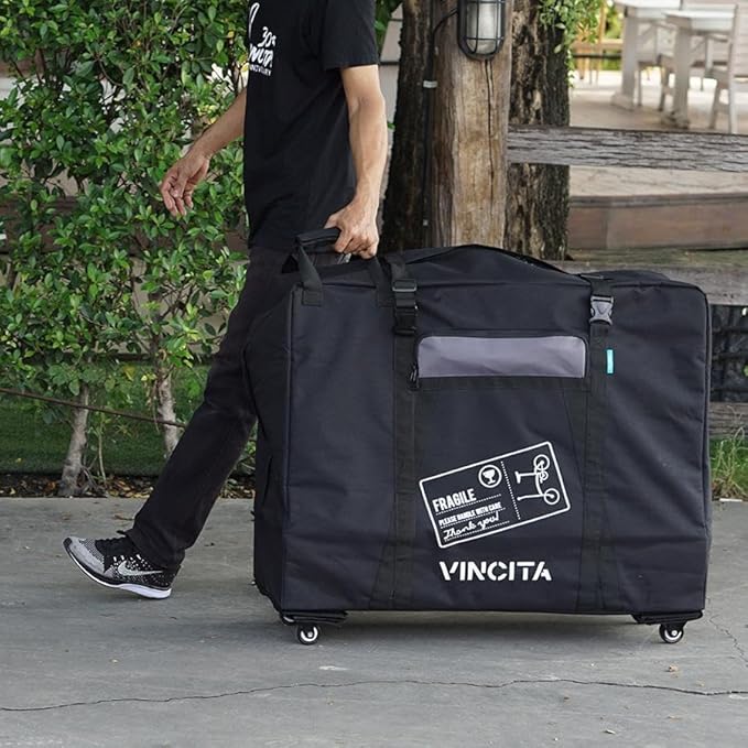 Vincita Soft Transport Bag for Folding Bikes with 4 Spinner Wheels – Travel Case Fits 20" Wheels – Padded Bicycle Carrier with Garment Storage