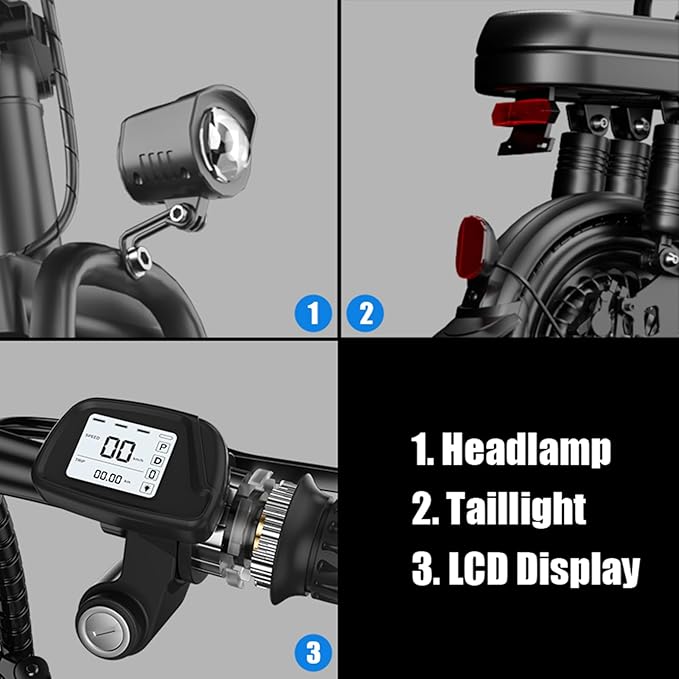 Adult Electric Folding Ebike 1200W Peak Rated 500W Motor 48V 15Ah- Max 28MPH High-Speed, Level 3 Assist, Dual Disc Brakes, 14" with Pedal Assist, Folding Bicycle for Commuter
