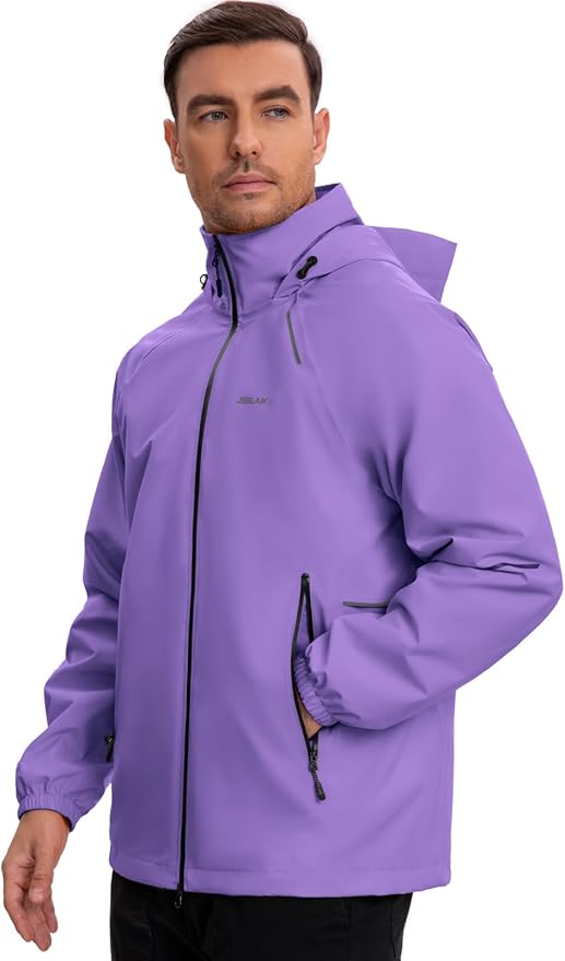 Men's Rain Jacket Waterproof Windproof Breathable for Hiking Cycling Commuting with Hood & Pockets