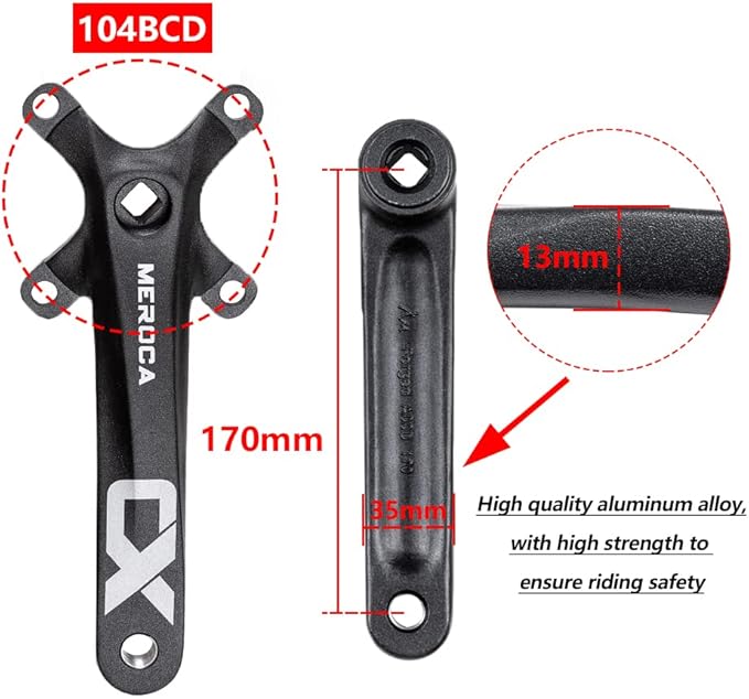 Cyclon Single Speed Square Taper Crankset, 170mm Mountain Bike Crankset with 104BCD 32T/34T/36T/38T/40T/42T Narrow Wide Tooth Round Black Chainring, Replacement for Bicycle Crank Arm Set MTB Crankset