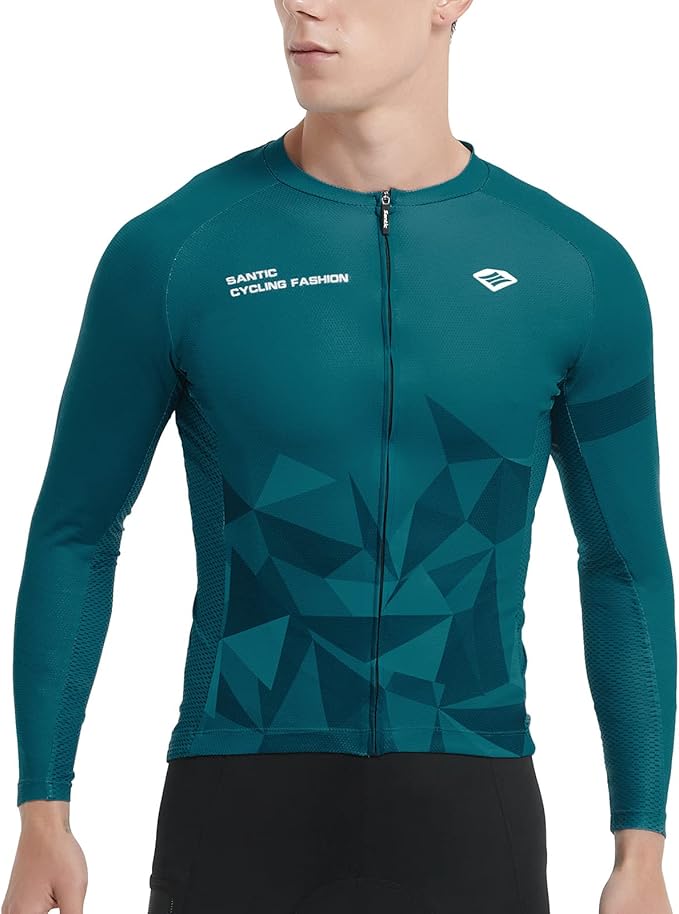 Santic Cycling Jersey Men's Long Sleeve Bike Reflective Full Zip Bicycle Shirts with Pockets