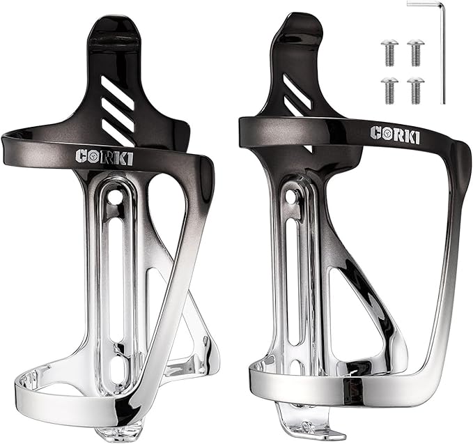 Corki Cycles Bike Water Bottle Holder Aluminum Alloy Side Load Water Bottle Cage, Right and Left Entry Bike Water Bottle Holder for Road & Mountain Bikes - Right Duo Pack - 2Pack - Black & Silver