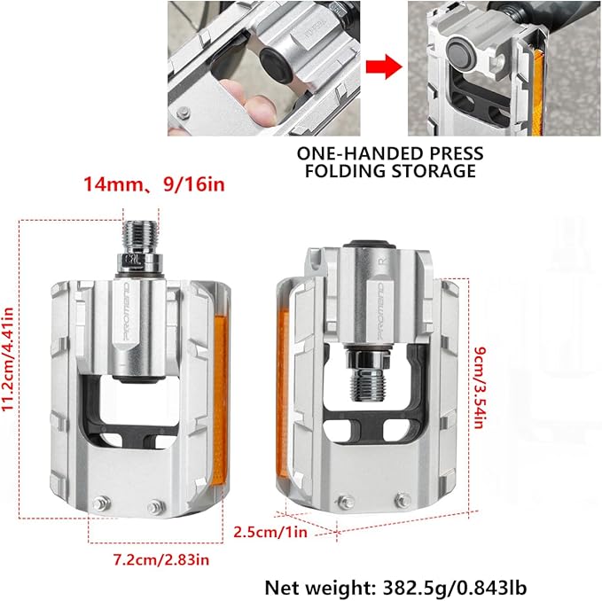 Folding Bike Pedals, All Aluminum Alloy, 9/16'' with Reflective Strips, Bicycle Pedals Wide Flat Mountain Bike Pedals, Non-Slip Bike Pedals for Road Bike BMX Bike Beach Cruiser Bike