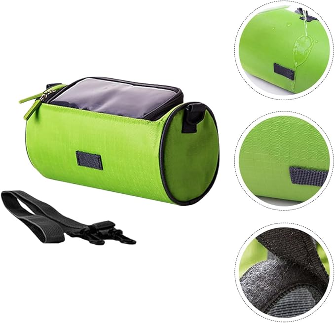 Bike Handlebar Cylinder Pouch Waterproof Front Frame Cellphone Bag with Touchscreen for Mountain Bikes, Portable Cycling Storage in Green