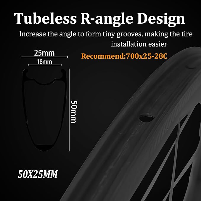 Superteam Carbon Wheelset 700c Rim V Brake 50mm Depth 25mm Width Road Bike Wheels Matte Finish, Tubeless Ready Support for 8-12 Speed Clincher & Tubeless