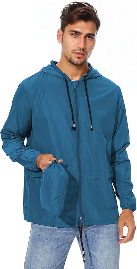 Zando Packable Mens Rain Jacket Lightweight Raincoat Waterproof with Hood Outdoor Windbreaker Jacket Travel Rain Jackets