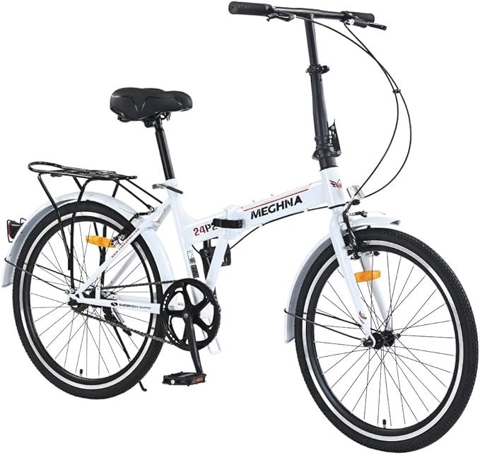 24 Inch Folding Bike for Adults, Steel Frame Single Speed City Commuter Bicycle, Dual V-Brake Portable Compact Bike with Fenders for Men Women