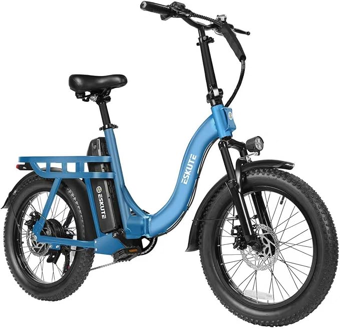 1200W Peak Folding Electric Bike for Adults, 28MPH 48V 10.4Ah Removable Battery, 55-Mile Range, 20"x3" Fat Tire, Step-Thru Ebike with Basket 7-Speed – Commuter E-Bike Blue Classic