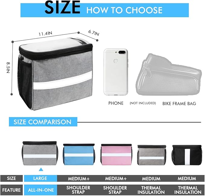 Bike Handlebar Bag - Front Basket with Bike Phone Mount, Bicycle Cooler Pouch Pack for Kids Girls Boys Men Women