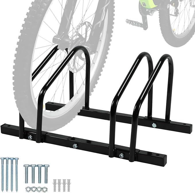 QWORK Sturdy 2-Bike Floor Stand, Powder-Coated Steel Bike Rack for Indoor/Outdoor Use, Compatibility with 22-28 Inch Wheels, Max Tire Width 2.15 Inch