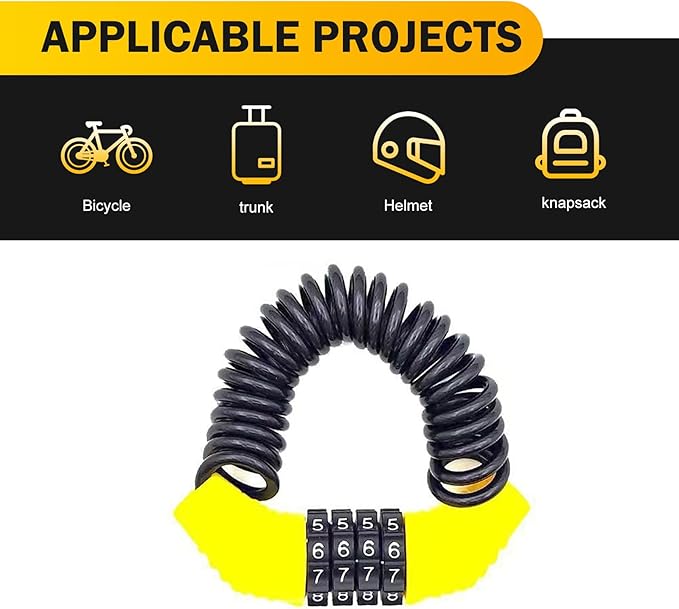 1 PC Motorcycle Helmet Lock, Portable Bicycle Helmet Combination Lock, Anti-Theft Retractable 4 Digit Small Cable Lock, Universal Heavy-Duty Alloy Lock for Scooter, Bikes, Luggage (Yellow)