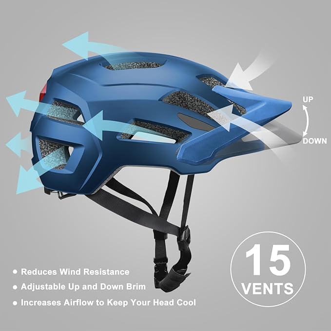 Bike Helmet, Helmets for Adults Men, Front and Back LED Lights Safe Certified MTB Road Bicycle Helmet with Adjustable Brim