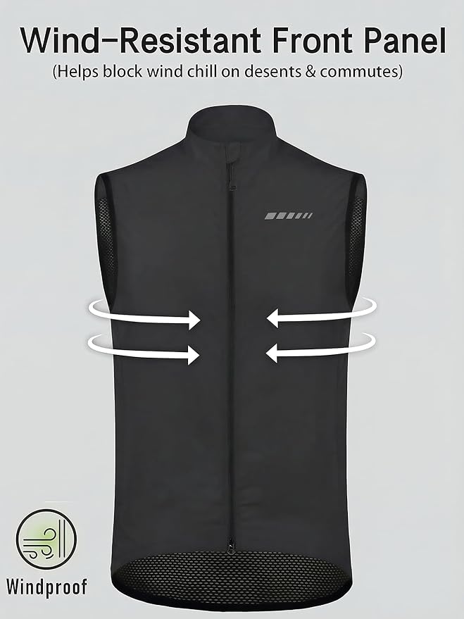 qualidyne Men’s Lightweight Windproof Cycling Vest, Full-Zip Sleeveless Bike Gilet with Breathable Mesh Back and Reflective