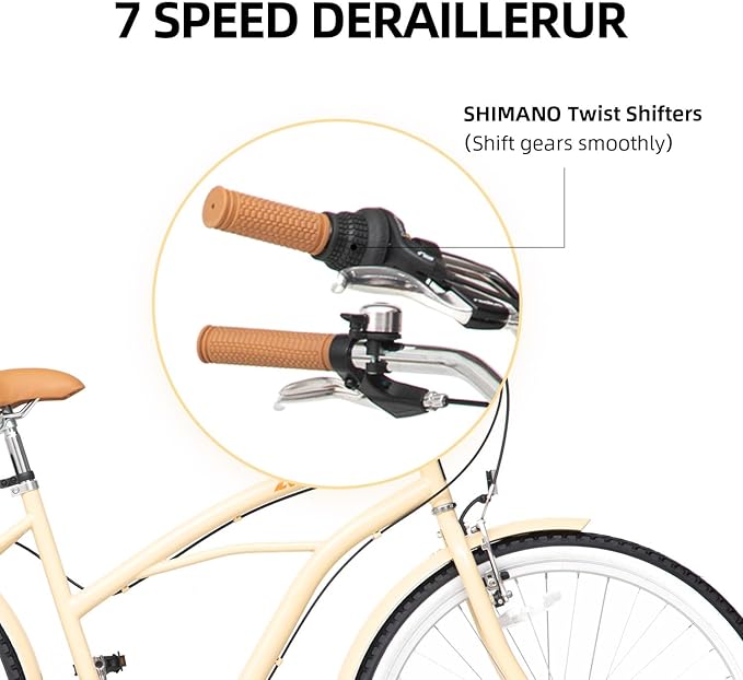 ACEGER 24 26 Inch Women Beach Cruiser Bike, Single Speed and 7 Speed, Adult Hybrid Bike Commuter Bicycle, Hi-Ten Steel Frame with Adjustable Handlebar and Saddle, Multiple Colors