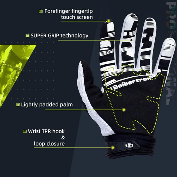 Seibertron Unisex BMX MX ATV MTB Racing Mountain Bike Bicycle Cycling Off-Road/Dirt Bike Gloves Road Racing Motorcycle Motocross Sports Gloves Touch Recognition Full Finger Glove
