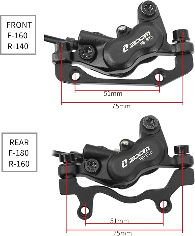Zoom HB876 Hydraulic Disc Brakes Set, Black, Mountain Bike Left Front 800mm Right Rear 1400mm, Adapter Fit EBike Fat Bike Bicycle for Mountain Bike, Road Bike
