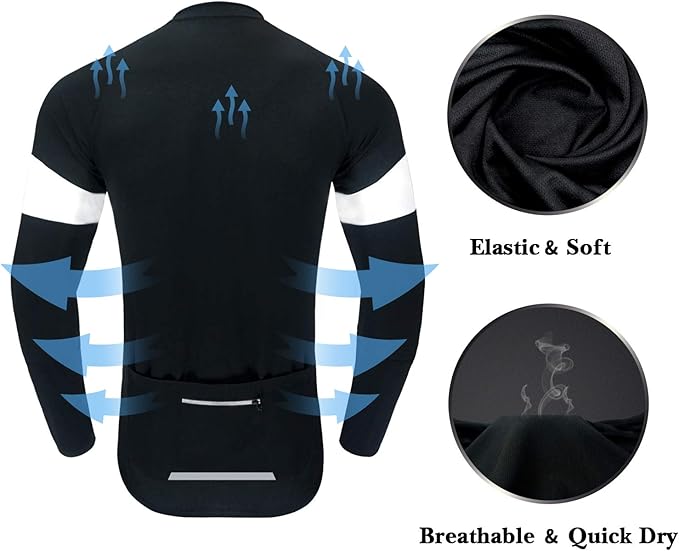 Dooy Men's Cycling Bike Jersey Long Sleeve Full Zipper Biking Shirt with 3 Rear Pockets, Breathable MTB Shirts Basic Series