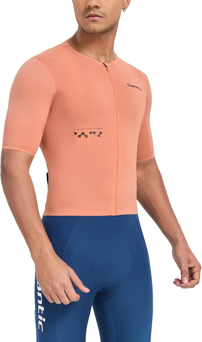 Santic Men's Cycling Jersey Short Sleeve Tops Bicycle Bike Shirt Full Zipper UPF 50+ Bicycle Jersey with Pockets