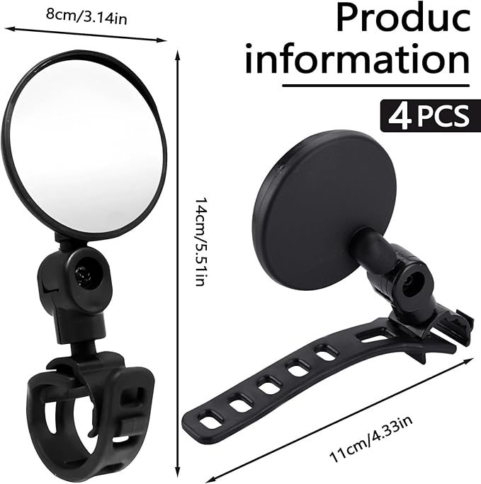 4 Pieces 2.7" Adjustable Bike Mirror Handlebar Mount with Strap, 360 Degree Rotatable Bicycle Mirrors, Secure Wide Angle & Convex Bike Rear View Glasses Cycling Accessories