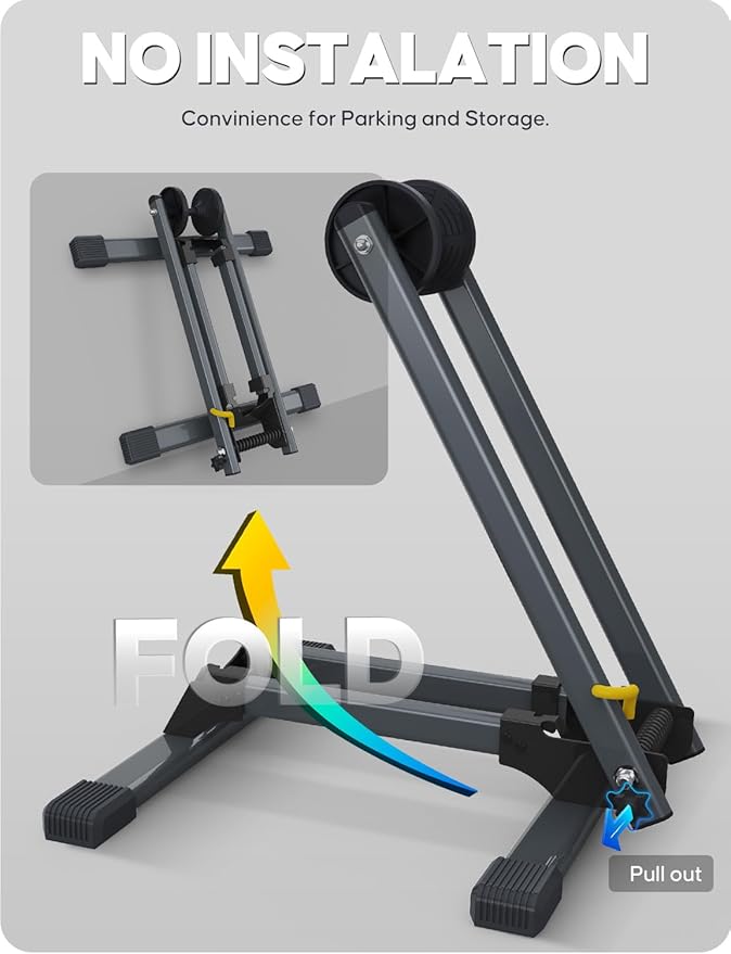 Bike Stand Floor for 16" - 29" Tires, Folding Garage Bike Rack for MTB & Road Bike Up to 2.4" Tire Width, Easy Storage Indoor Bicycle Stand，Latest Carbon Steel Version