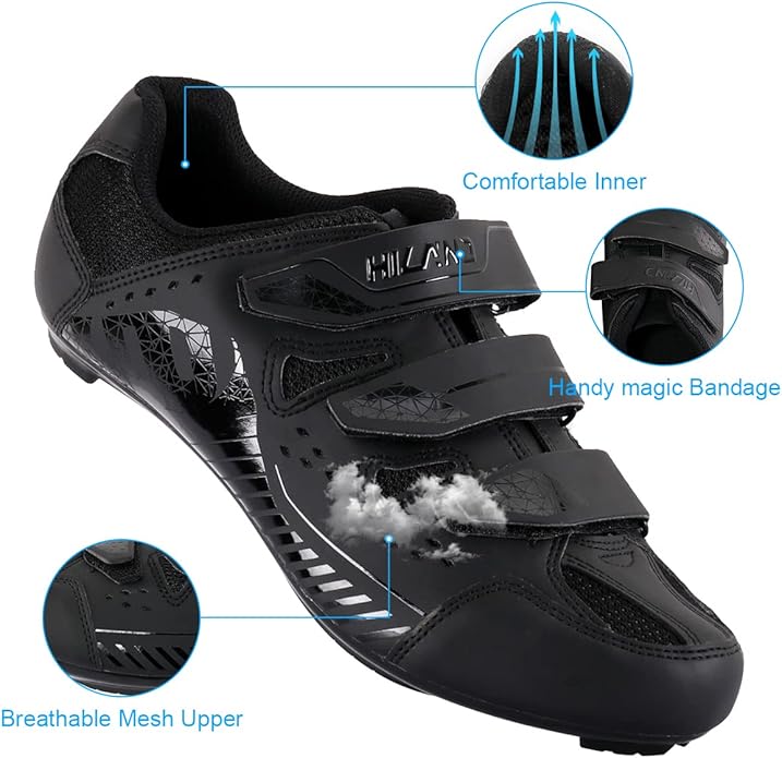 Hiland Unisex Wide Cycling Shoes Compatible with Peloton & Look Delta/SPD Cleats-3 Straps-Clip in Road/Mountain/Indoor Bike Shoes for Mens and Womens