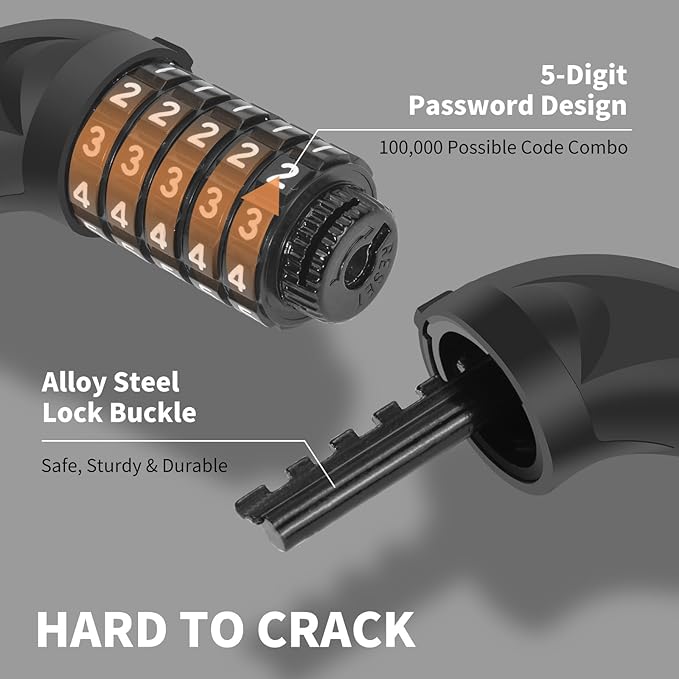 Bike Chain Lock 3.2Ft Long High Security Heavy Duty Anti Theft, 5 Digit Combination Resettable Keyless Bicycle Lock for Bike/Electric Scooter/Ebike/Motorcycle(Grey)