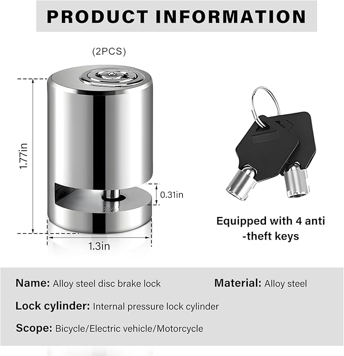 2PCS Motorcycle Disc Brake Lock, Anti Theft Motorbike Safety Brake Disk Lock with Two Keys, Mini Alloy Steel Security Wheel Disc Lock for Electromobile Road Cycle Mountain Bike (2PCS)
