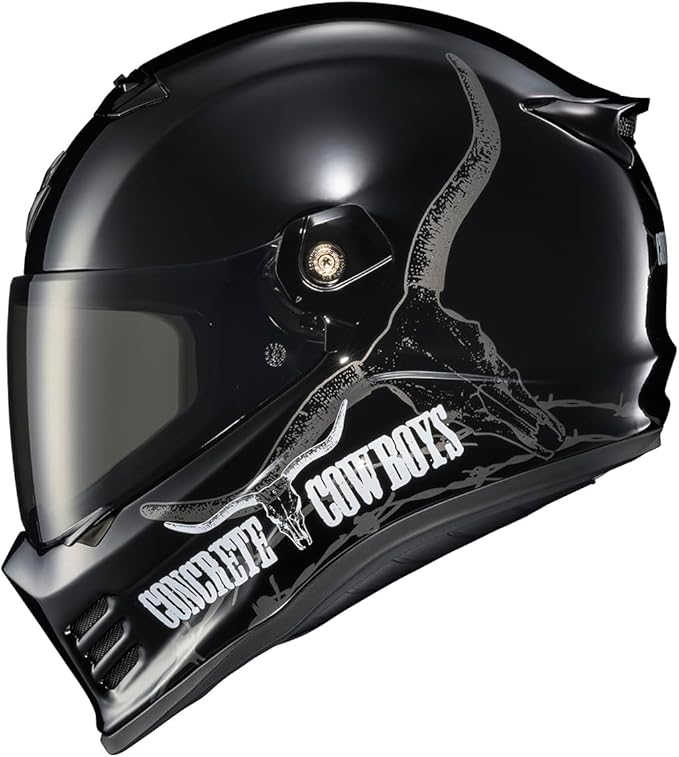 ScorpionEXO Covert FX Full Face Adult Motorcycle Helmet Street Fighter Style - Bluetooth Ready Speaker Pockets DOT ECE Concrete Cowboys (Gloss Black - 3X-Large)