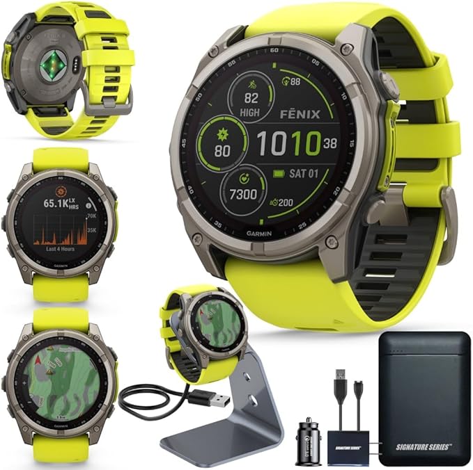Garmin Fenix 8 Premium Multisport GPS Running Smartwatch, 51 mm, Sapphire, Solar, Built-in Flashlight, Titanium with Amp Yellow/Graphite Band with Signature Series Charging Stand