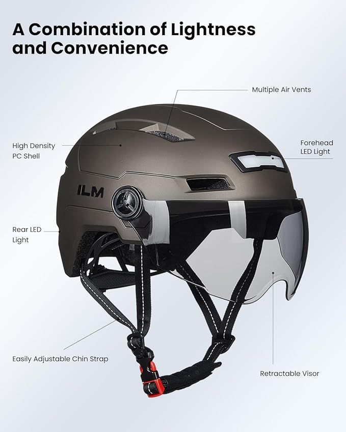 ILM Adult Bike Helmet with USB Rechargeable LED Front and Back Light Mountain&Road Bicycle Helmets for Men Women Removable Goggle Cycling Helmet E3-10L
