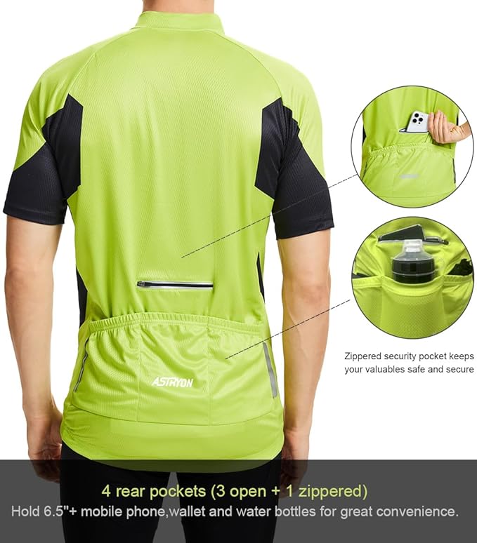 Men’s Cycling Jersey Short Sleeve UPF Half-Zip with 3+1 Zipper Pockets, Breathable Quick-Dry Moisture Wicking Fabric