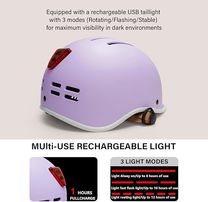 Exclusky Bike Helmet for Adults,Adjustable Cycling Helmet for Men & Women Safety Certified Bicycle Helmet for Commuting, Road Biking, Skating with USB Rechargeable Rear Light
