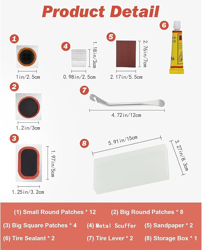 Bike Inner Tire Patch Repair Kit, with 24 PCS Vulcanizing Patches,Portable Storage Box, Metal Rasp and 2 Premium Stainless Steel Levers - Also for Road Mountain Bicycle Trave