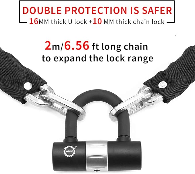 AKM Motorcycle Lock 6.56ft/200cmx10mm Thick Anti-Theft Heavy Duty Chain Locks with 4 Keys Security 16mm U Lock Disc Lock,Super Long Durable Bike Chain Lock for Motorcycles,Containers,Trailers