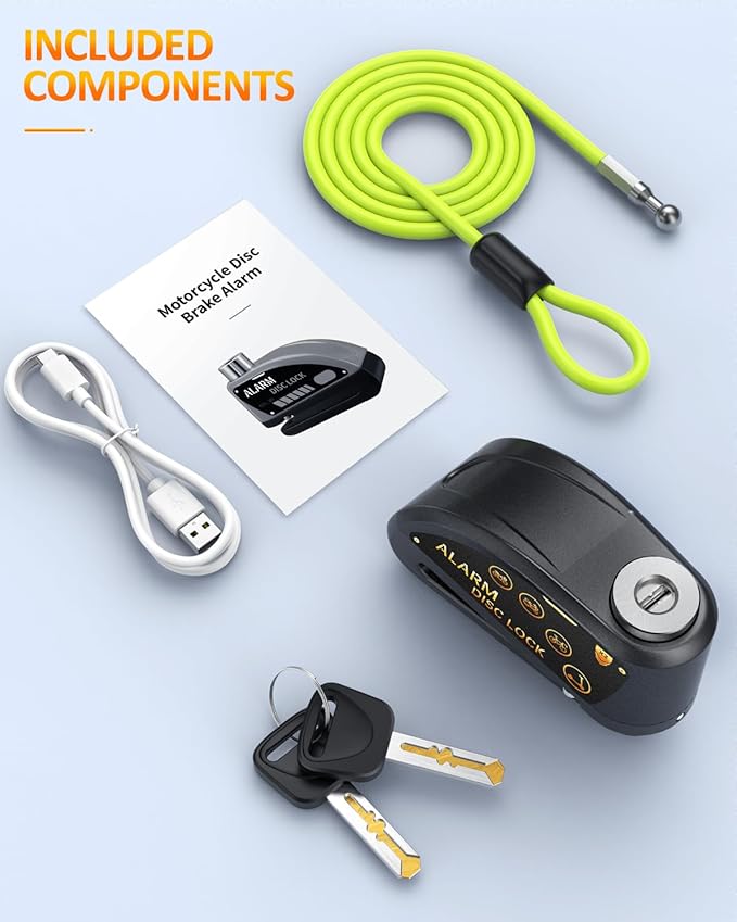 ONVIAN Rechargeable Motorcycle Lock with 120db Alarm and 6FT Steel Reminder Cable, for 7mm Pin Motorcycles Bicycles Ebike Scooter Moped (Black)