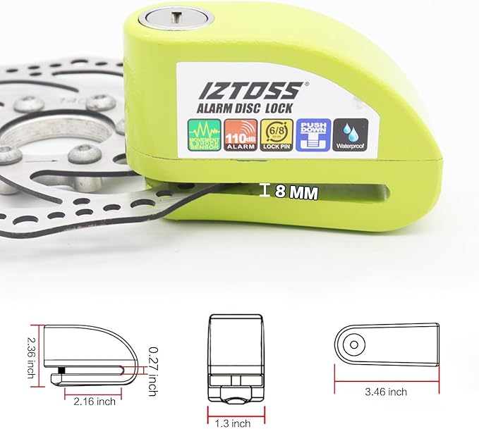 IZTOSS Motorcycle Alarm disc Lock 110 dB disc Brake Lock Waterproof Anti-Theft Anti-Shock Sensor with 4 ft Warning Cable and Carrying Bag for Motorcycles, Bicycles and Scooters. (Fluorescent Green)