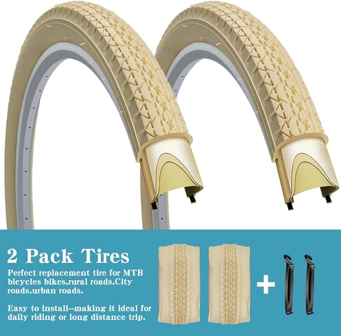 SIMEIQI 1 or 2 Pack 26"x2.125" Cruiser Beach Bike Tires Cream Color with or Without Inner Tubes 26"x1.75"/2.125" Replacement Folding Bicycle Tyres for City Commuter Urban Pavement