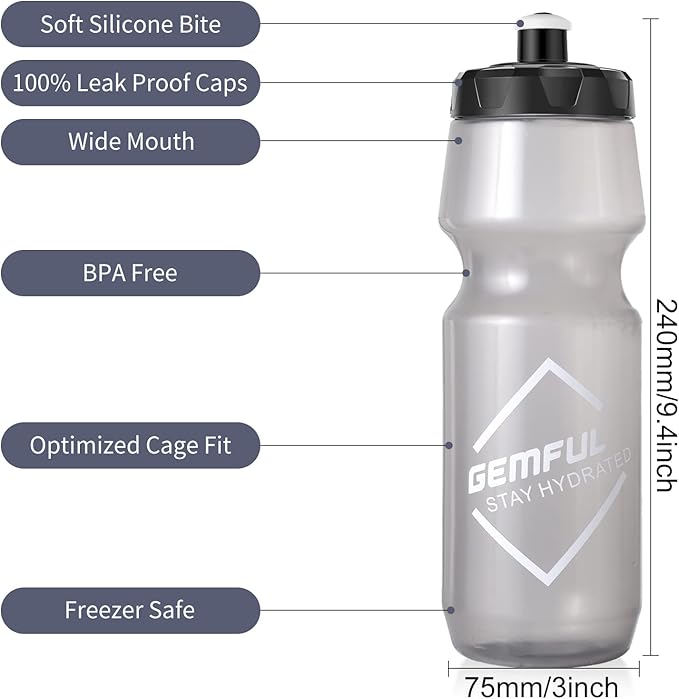 GEMFUL Bike Water Bottles with Bicycle Holder 750ml Mtb Cycling Squeeze 24 oz Sport Bottle 2 Pack