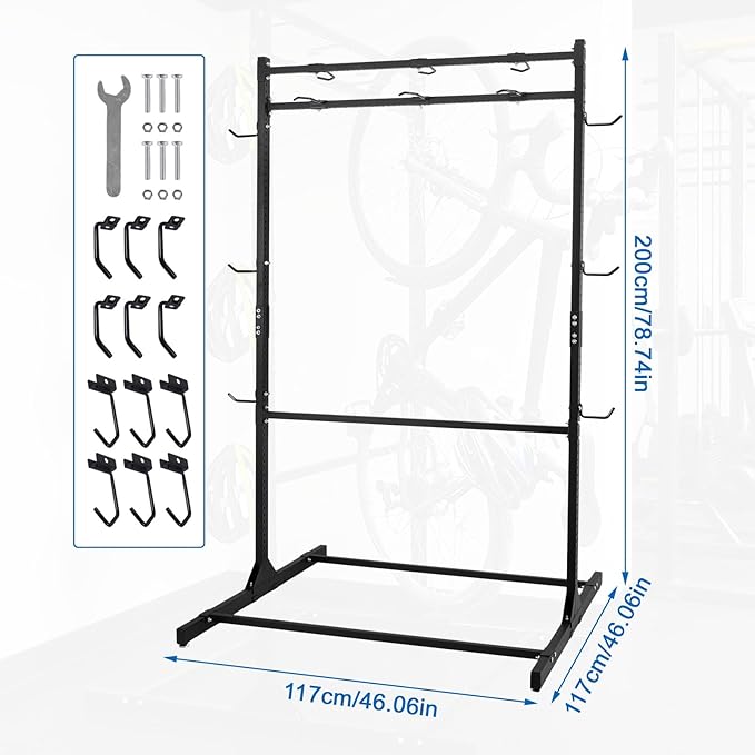 Freestanding Bike Stand with Adjustable Hooks Vertical Bike Storage Rack Holds Up To 6 Bikes & 6 Helmets Heavy Duty Bikes Floor Stand for Garage Basement Bicycles Repair Shop
