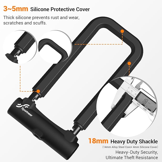 Sportneer Bike Lock: 18mm Heavy Duty Anti Theft Bike U Lock with 5ft Security Steel Cable - Shackle Bicycle U-Locks with 3 Keys & Mounting Bracket for Road Mountain Electric Bike, Size 8.58'' x 4.85''