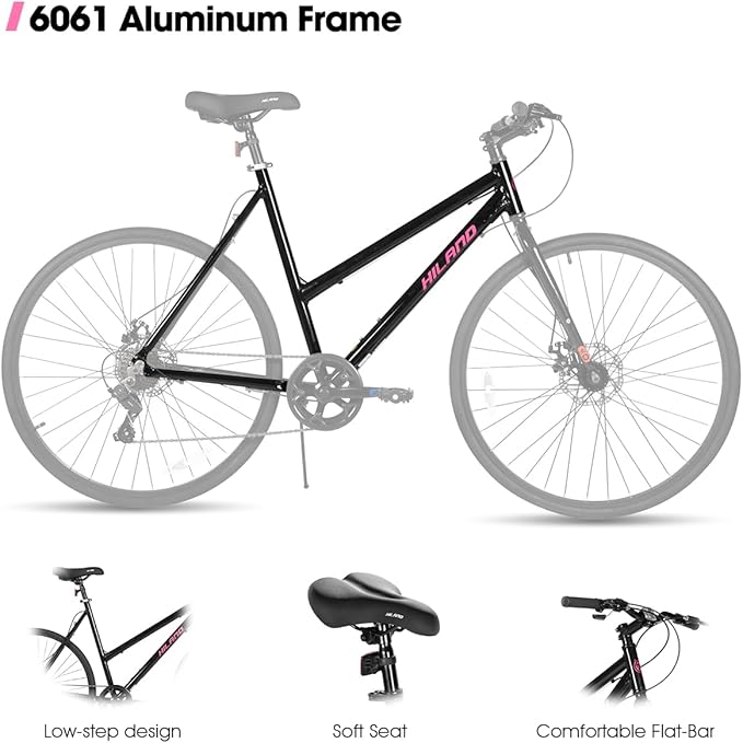 HILAND 700C Road Hybrid Bike, 7 speeds Bikes Urban City Commuter Bicycle with Disc Brake for Men Women Adult Comfortable Bicycle