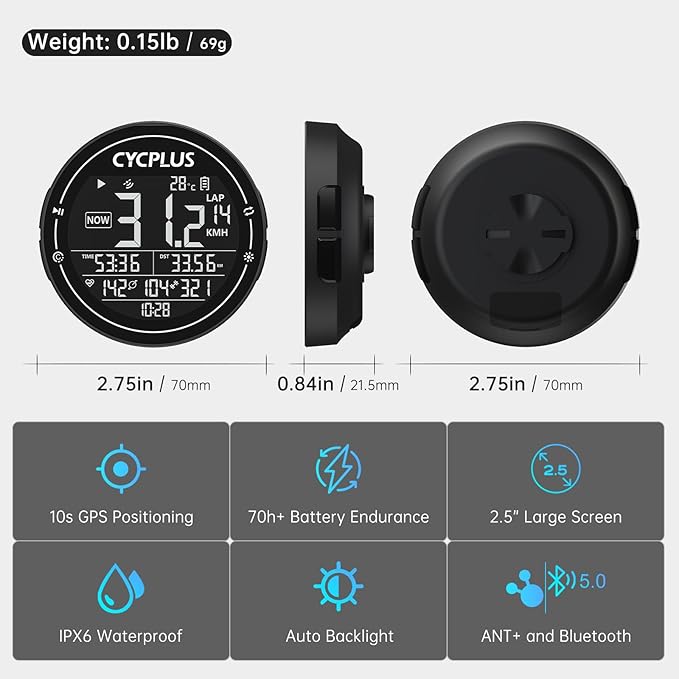 CYCPLUS GPS Bike Computer, Wireless Cycling Computer, ANT+ Bluetooth Bicycle Speedometer Odometer IPX6 Waterproof, Rechargeable with 2.5″ Screen for Bikers Outdoor Cycling (New Upgraded)