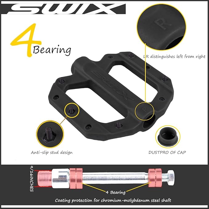 SWIX Bike Pedals Professional Mountain and Road Bike Flat Pedal Wide Paltform and Lightweight Non-Slip Pedal for 9/16" Bike/Hybrid Bike/E-Bike Parts Replacement Pedals Bike Accessories