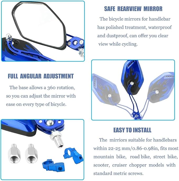 Adjustable Bike Mirrors - Handlebar Rearview Mirror for Electric Bike, Blue