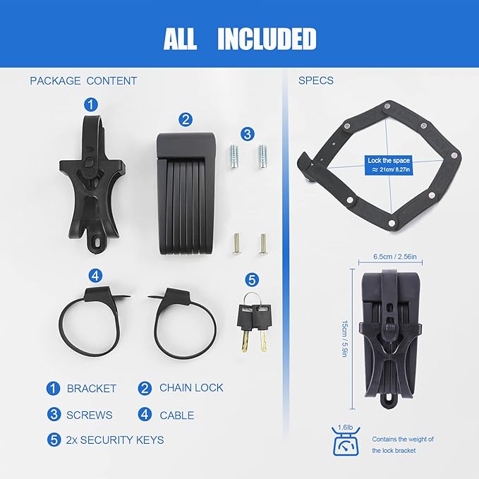 Compact Folding Bike Lock, 2.3ft Portable Heavy - Duty Anti - Theft High - Security Bicycle Chain Lock with Keys & Lock Bracket, Shear - Resistant Alloy Folding Lock for Bikes, E - Scooters & Ebikes