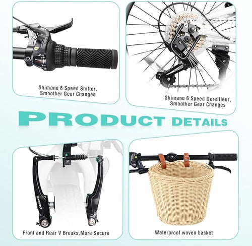 20 Inch Folding Bike for Adults, 6-Speed Steel Frame City Commuter Bicycle with Basket, Phone Holder, Fenders and Dual V-Brake, Portable Compact Foldable Cycle for Men and Women