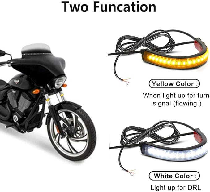 2PC Flexible Switchback Dual-Color White & Amber Motorcycle LED Fork Turn Signal Blinkers DRL Daytime Running Light Waterproof Adjustable Stips Bars kit Universal Fit Motorbike (39mm-70mm)