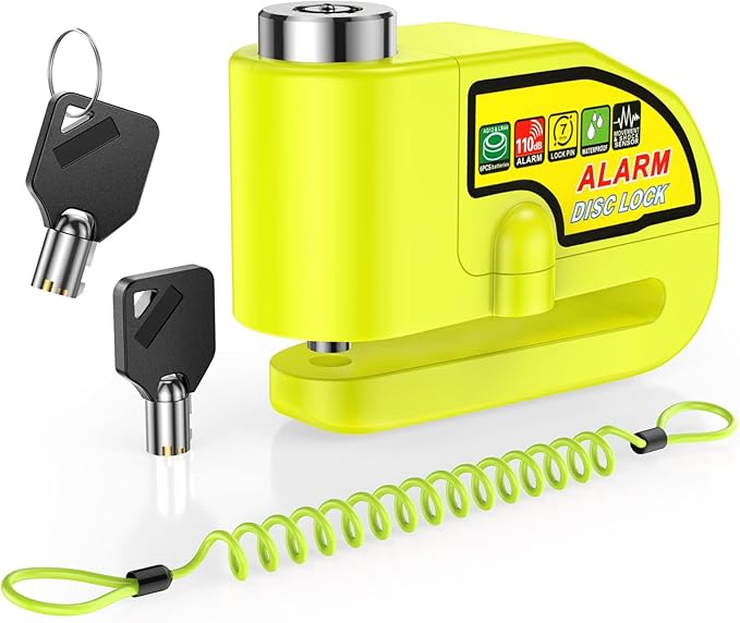ONVIAN Motorcycle Disc Brake Lock with 120dB Alarm, Rechargeable Waterproof Motorcycle Locks Anti Theft for 7mm Motorcycle Brake Helmet Scooter Wheel Lock 5FT Reminder Cable (Lemon Yellow)