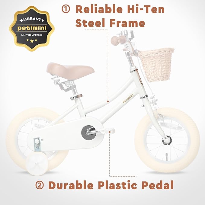 Petimini Vintage Kids Bike for Girls, 12–20 Inch Classic Bicycle with Wicker Basket & Bell, High Tensile Steel Frame, Training Wheels (12–18”), 85% Pre-Assembled, Retro Bike for Outdoor Riding