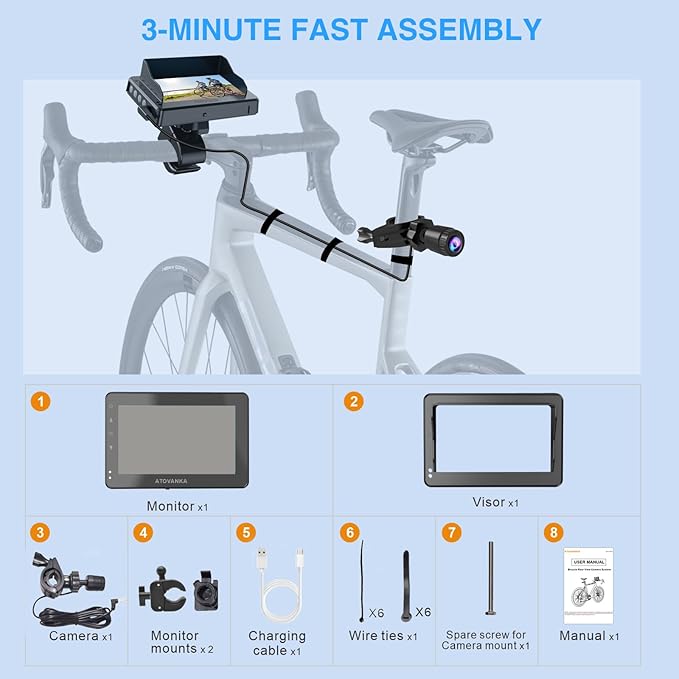PARKVISION Handlebar Bike Mirror, Bicycle Rear View Zoom Camera with Dust Cover, 4.3'' HD 1080P Monitor, 120°/100°/80°/60° Wide Angle View, 10000mah Battery, Bike Camera for Mountain